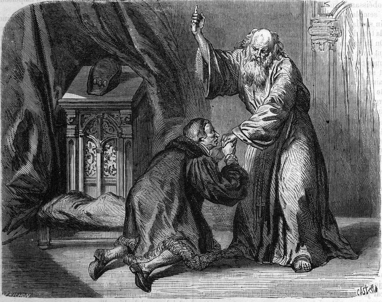 Ludvík XI. apeloval na svatého Jana z Pauly, aby ho ošetřil. od Unknown artist