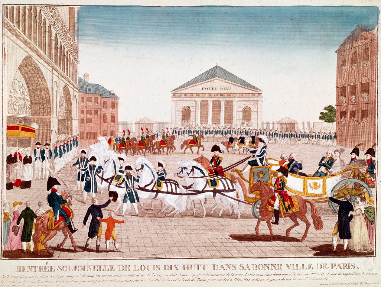 Louis XVIII přijíždějící do Notre Dame, Paříž, 3. května 1814 (rytina) od Unknown artist
