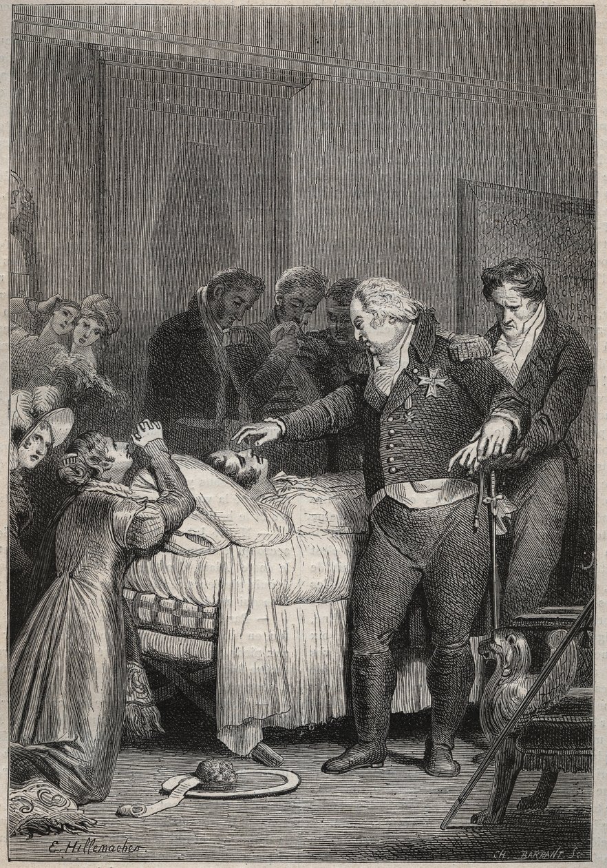Ludvík XVIII. na smrtelné posteli vévody z Berry - Poslední chvíle vévody z Berry 13. února 1820 (1778 - 1820) v Pařížské opeře obklopené Ludvíkem XVIII. a královskou rodinou - rytina v „Histoire de France vyprávěj mi vnoučata“ od Unknown artist