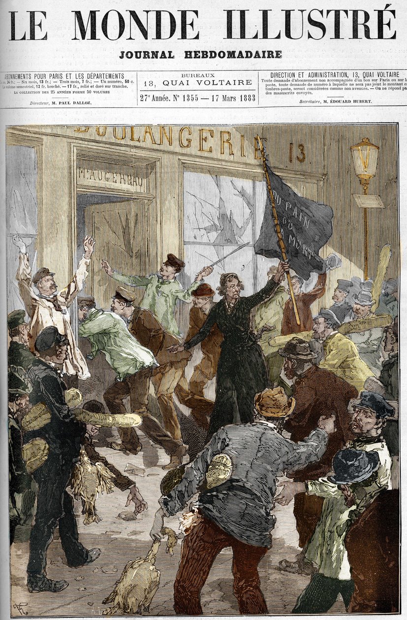 Louise Michel (1833-1905), francouzský revolucionář, mávající černou vlajkou s nápisem „chléb nebo smrt“ při plenění pekárny během dělnické demonstrace 9. března 1883 v Paříži. od Unknown artist