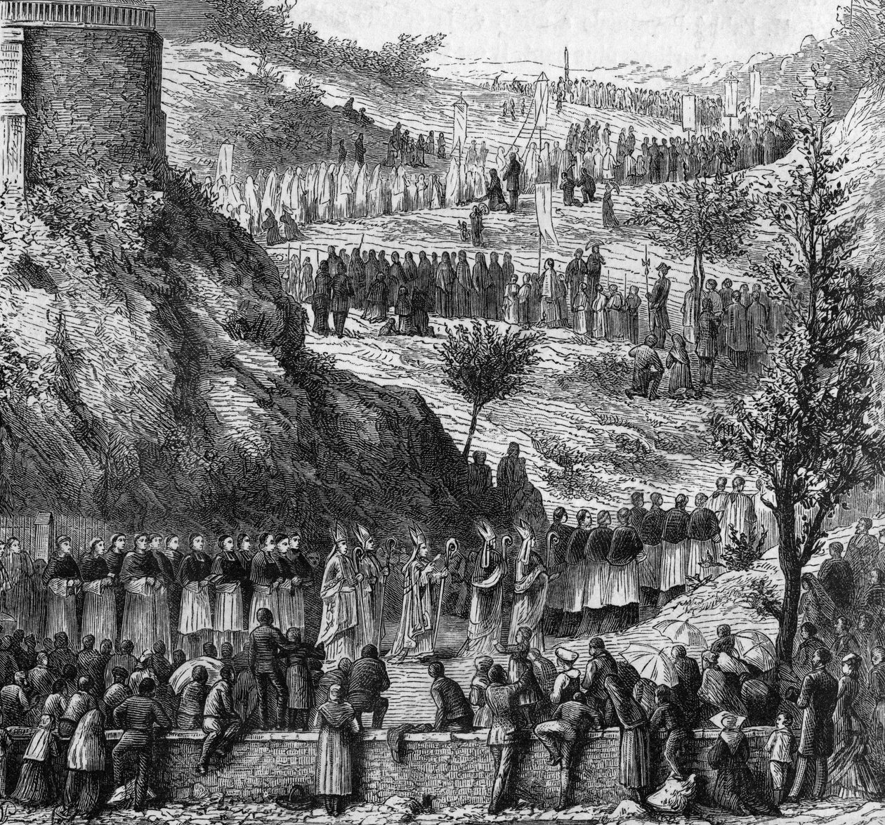 Lurdy 1864: průvod do jeskyně na inauguraci sochy Marie Immaculee. od Unknown artist