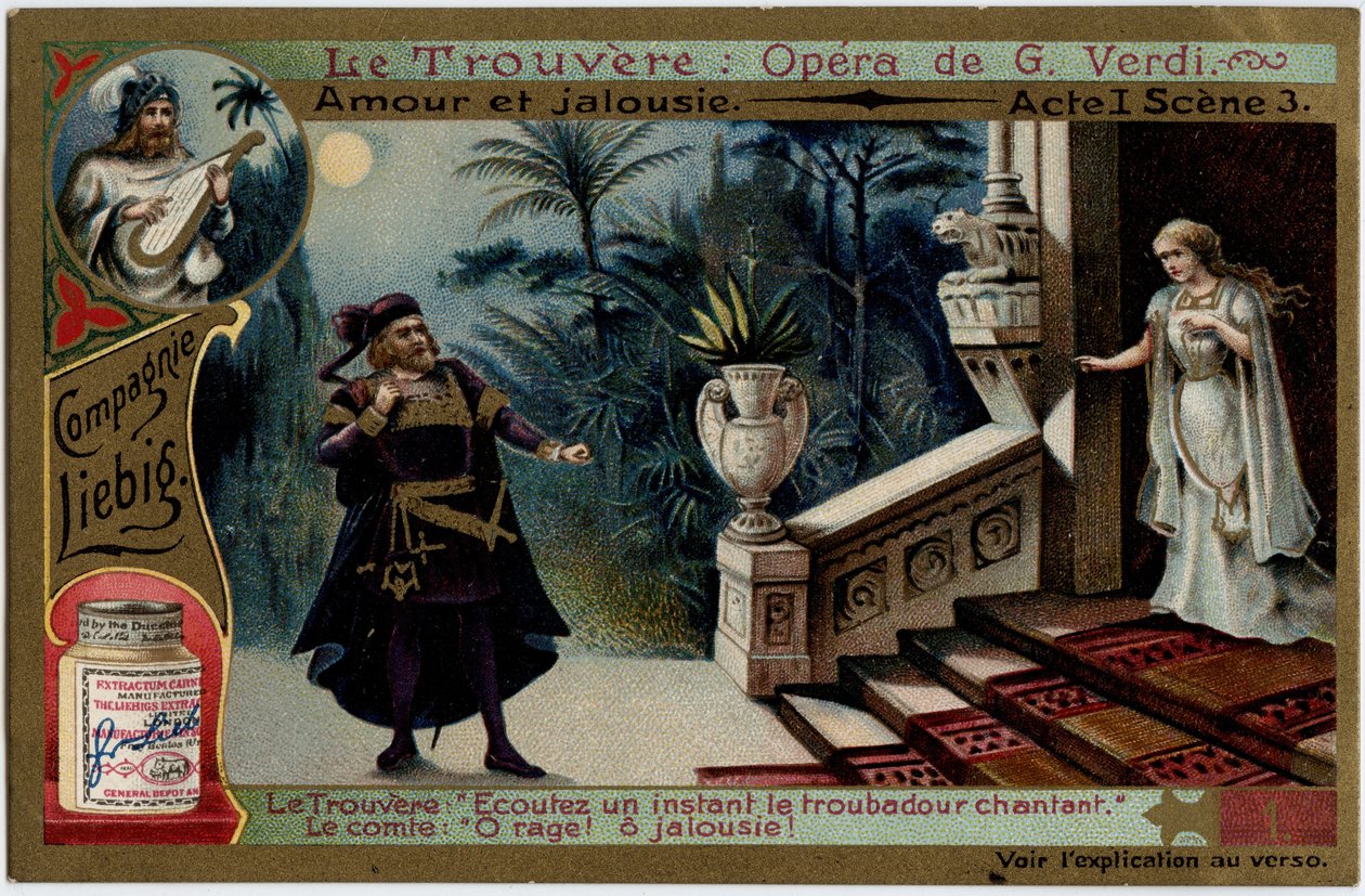 Láska a žárlivost 1. dějství Scéna 3. Ilustrace k opeře „“ The find““ (Il trovatore) od Giuseppe Verdiho (1813-1901). Chromolitografie (Chromo) Liebig z konce 19. století. od Unknown artist
