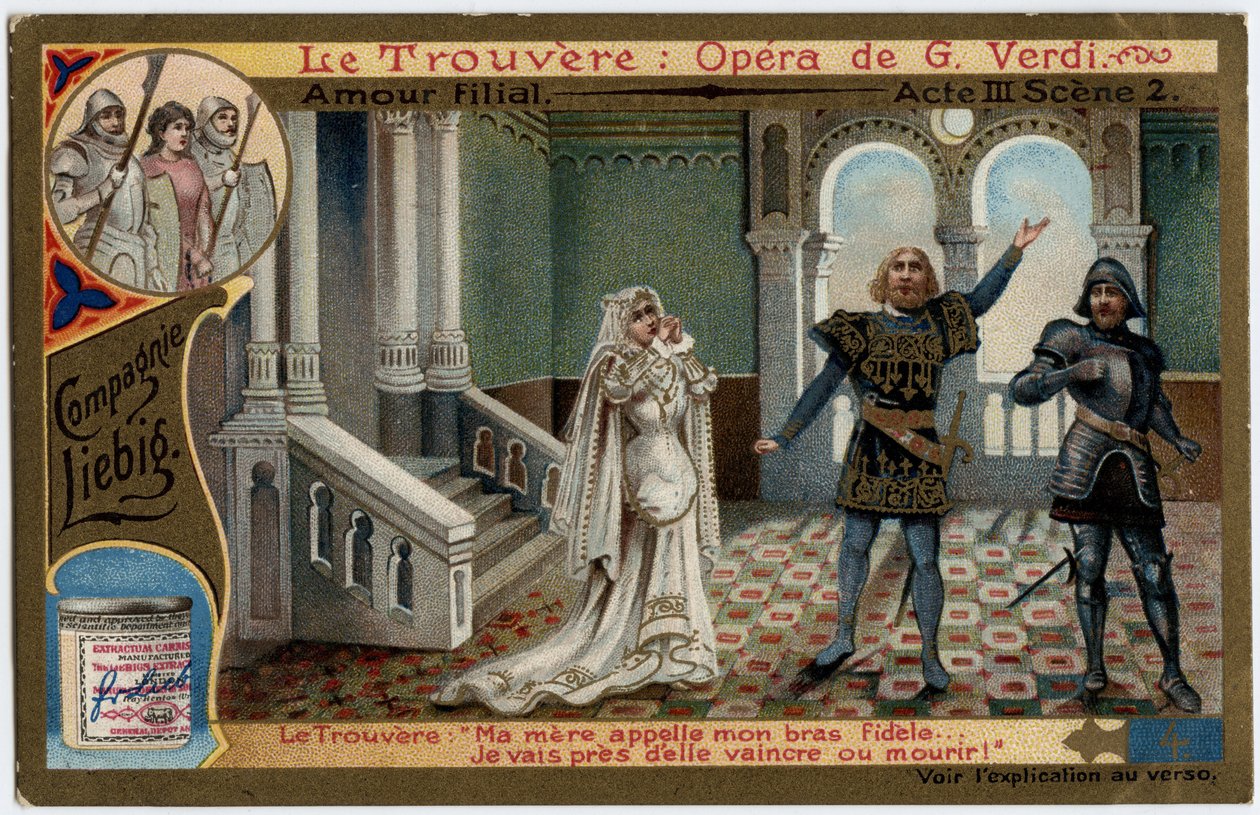 Milostné synovské jednání III scéna 2. Ilustrace k opeře „Nalezený“ (Trovatore) od Giuseppe Verdiho (1813-1901). Chromolitografie (Chromo) Liebig z konce 19. století. od Unknown artist