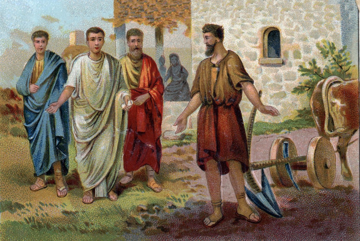 Lucius Quinctius Cincinnatus (v.520/v.430 př.nl), římský konzul, zabýval se zemědělskými úkoly, když ho senátoři (senát římské říše) začali prosit, aby přijal nejvyšší velení a stal se v roce 458 př.nl diktátorem Říma. Chromolitografie kolem od Unknown artist