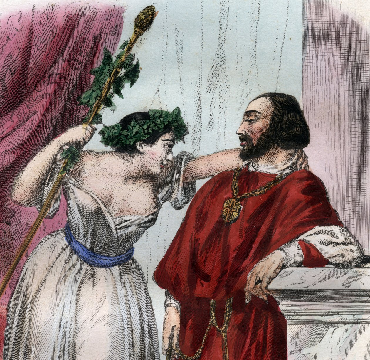 Lucrece Borgia (1480-1519) se svým bratrem Cesarem Borgiou. (Lucrezia a Cesare Borgia). Rytina z roku 1842 v „Histoire des Popes: zločiny, vraždy, otravy, zavraždění, cizoložství, incest... od Maurice Lachatra. Soukromá sbírka. od Unknown artist