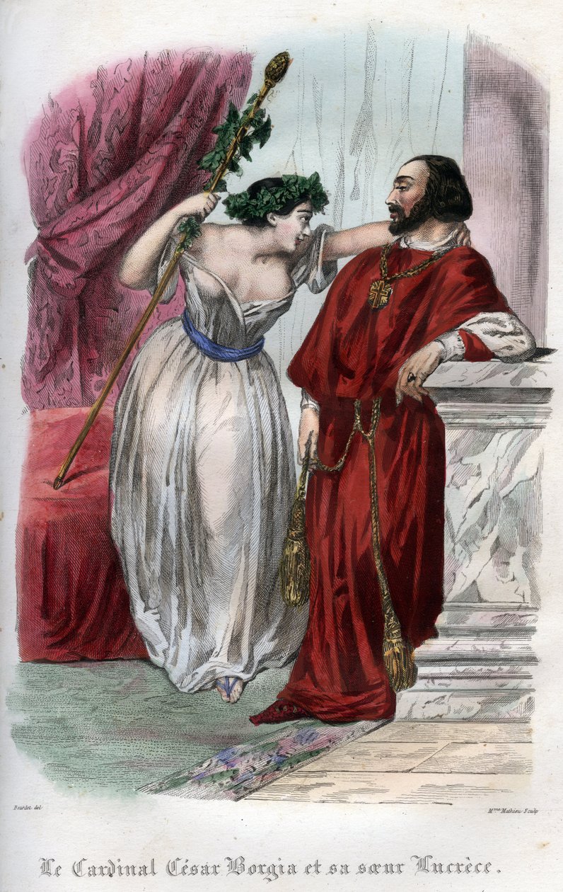Lucrece Borgia (1480-1519) se svým bratrem Cesarem Borgiou. (Lucrezia a Cesare Borgia). Rytina z roku 1842 v „Histoire des Popes: zločiny, vraždy, otravy, zavraždění, cizoložství, incest... od Maurice Lachatra. Soukromá sbírka. od Unknown artist