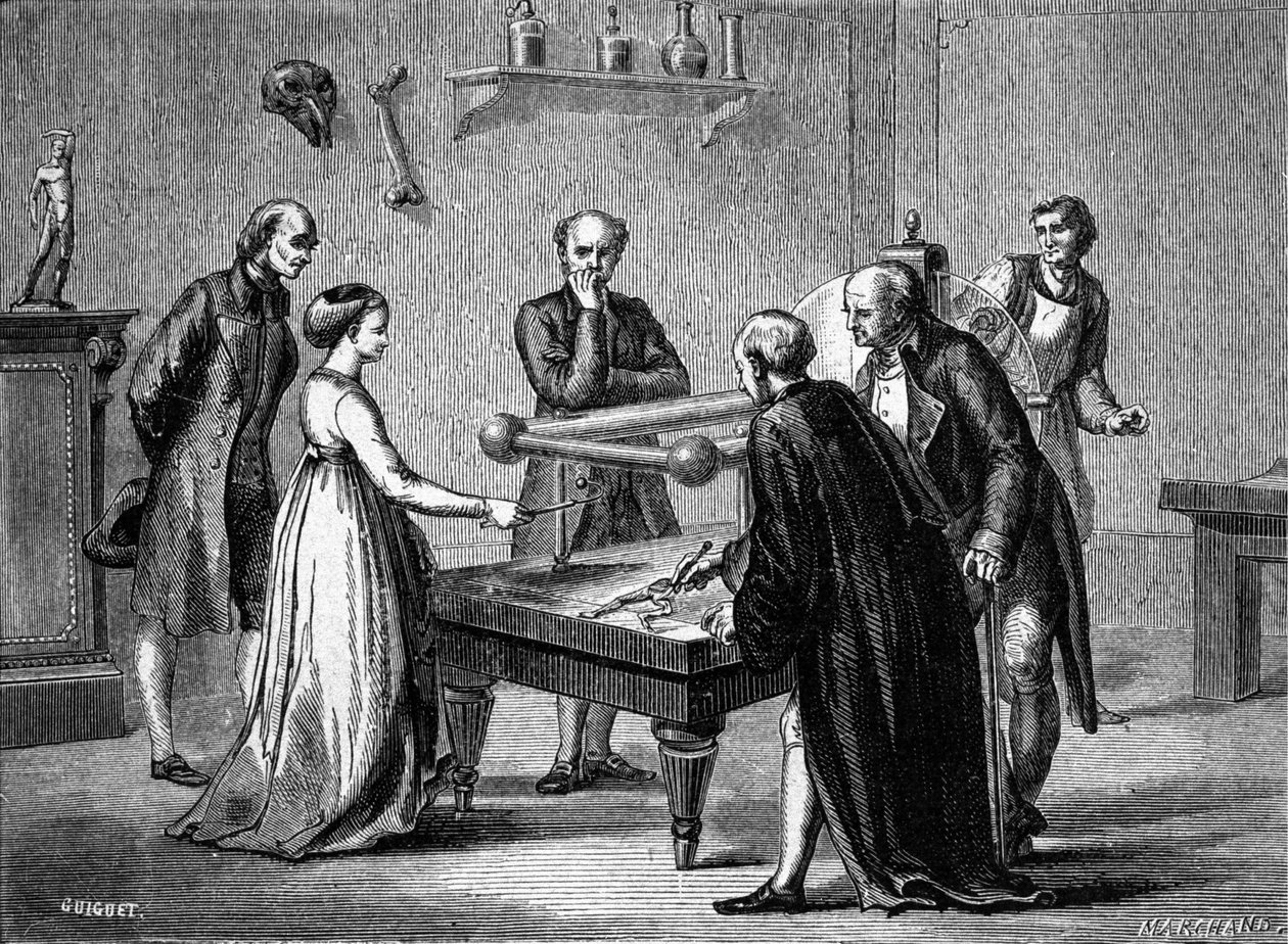 Luigi Galvani, profesor v Bologni, objevil v roce 1780 dráždivost svalů žáby elektřinou. Rytina 19. století. od Unknown artist