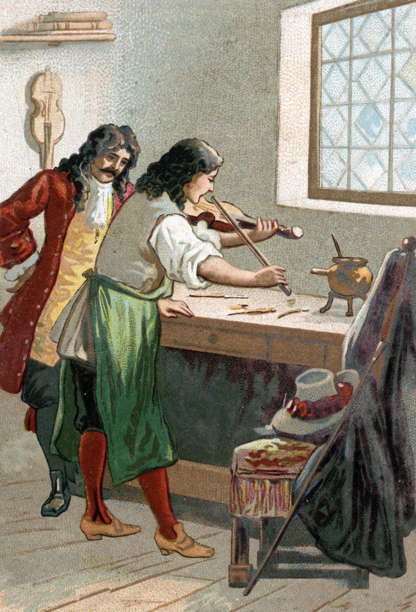 Luthier Stradivarius (Antonio Stradivari) (1644-1737) ve své dílně. Chromolitografie 19. století od Unknown artist