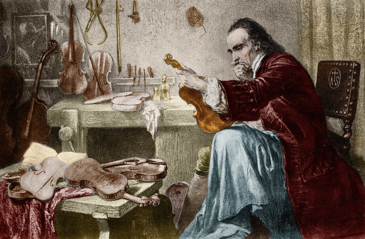 Luthier Stradivarius (Antonio Stradivari) (1644-1737) ve své dílně. Rytina od Hammanna. Návrhář houslí Antonio Stradivari (Stridivarius) v práci. od Unknown artist