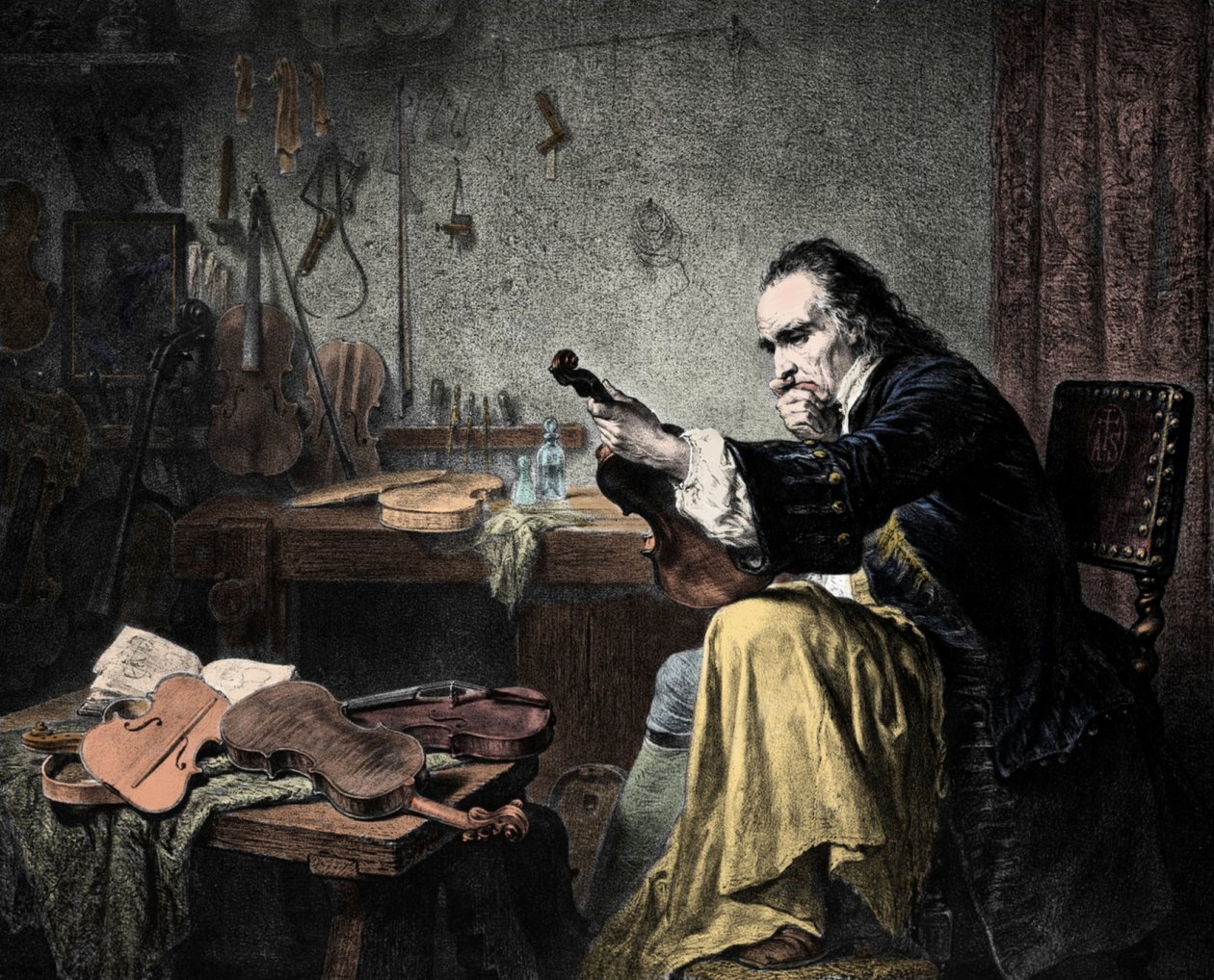 Luthier Stradivarius (Antonio Stradivari) (1644-1737) ve své dílně. Rytina od Hammanna. Návrhář houslí Antonio Stradivari (Stridivarius) v práci. od Unknown artist