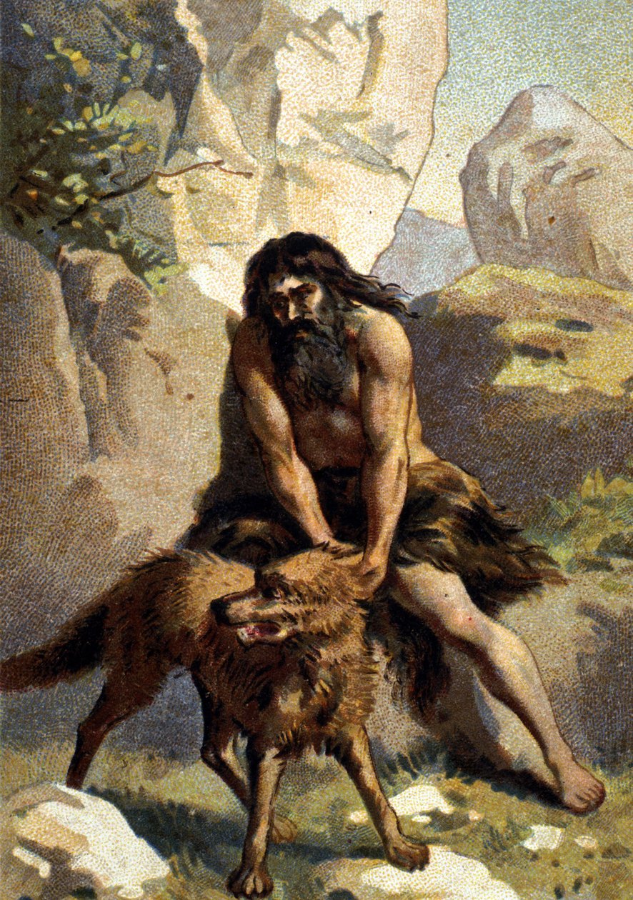 Lykantropie: Delire toho, kdo si myslí, že se proměnil ve vlka. Chromo z 19. století od Unknown artist