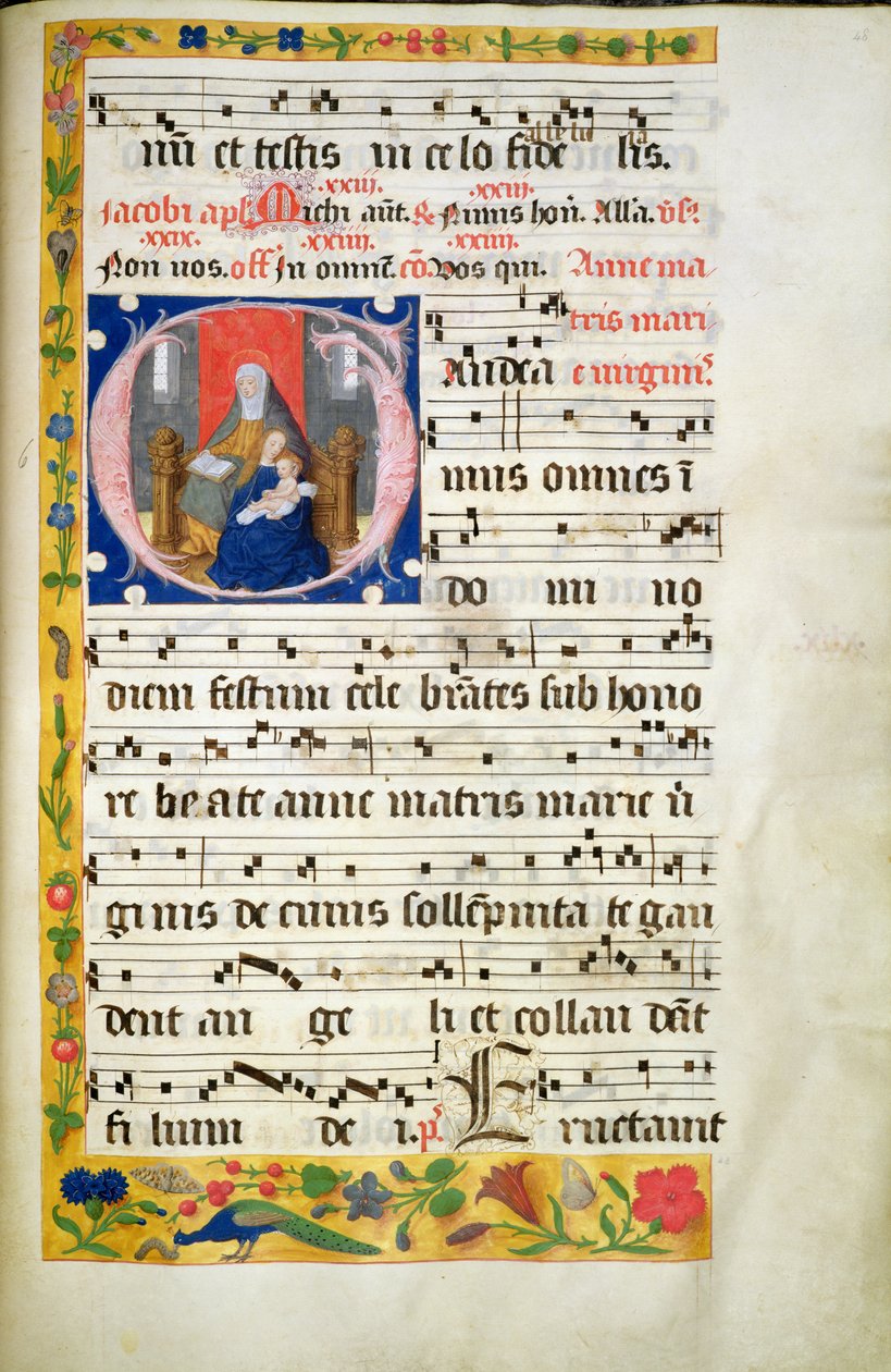 MS.McC.57. f.48r Svatá Anna trůní, čte, před ní sedí Panna Marie s Dítětem, iniciála z antifony, konec 15. stol. od Unknown artist