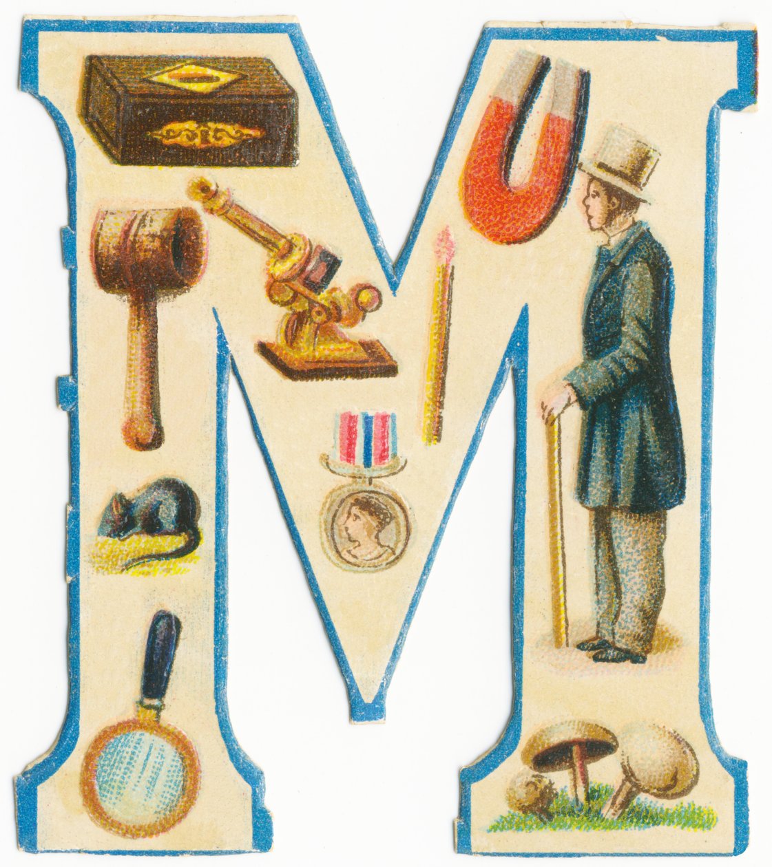 M: zápalky, magnet, palička, mikroskop, myš, medaile, muž, lupa, houby (barva lito) od Unknown artist