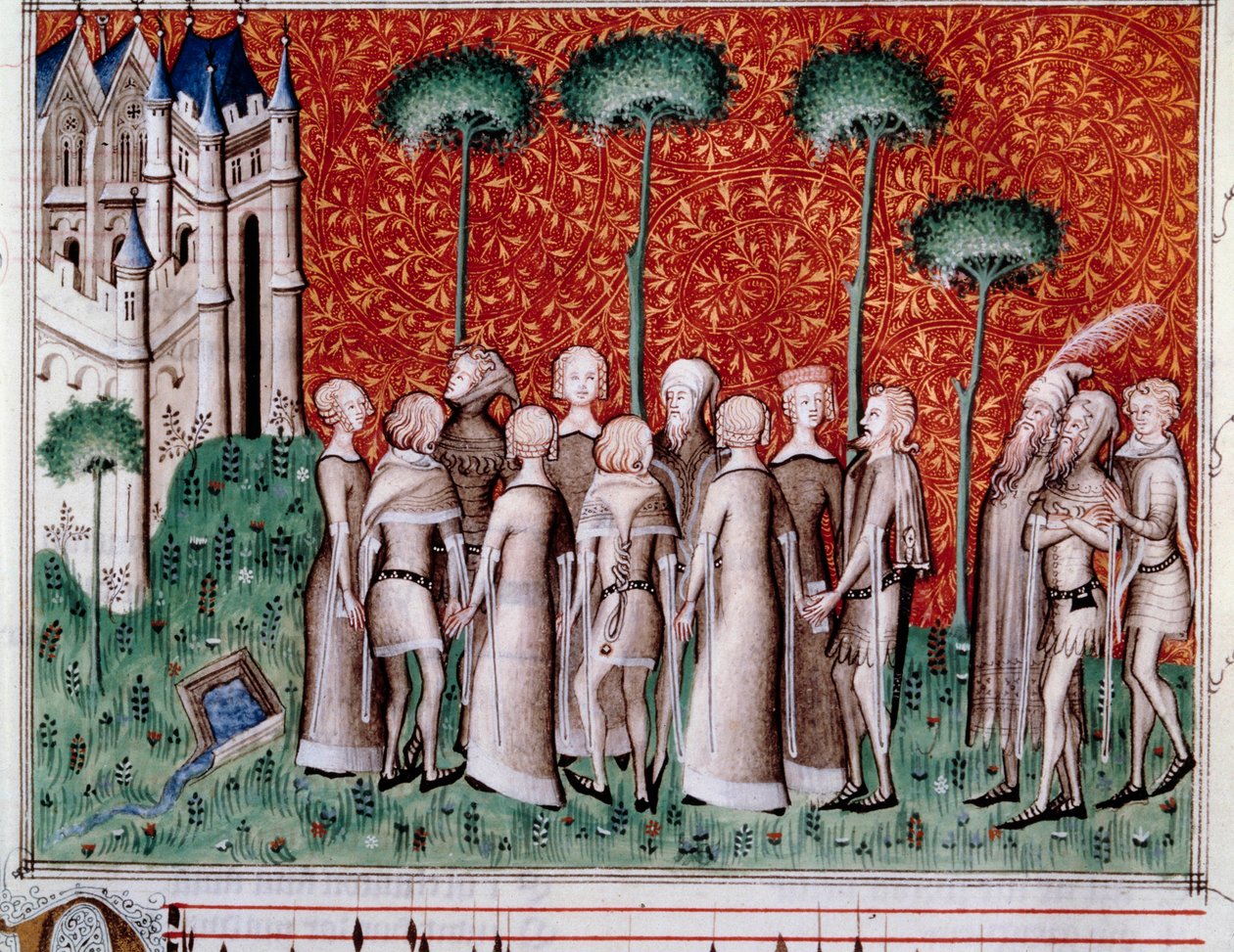 Machaut našel svou dámu. Miniatura z partitury v „Remede de Fortune““ (Folio 51) od Guillaume de Machaut (v. 1300-1377), přibližně 1350-1355. od Unknown artist