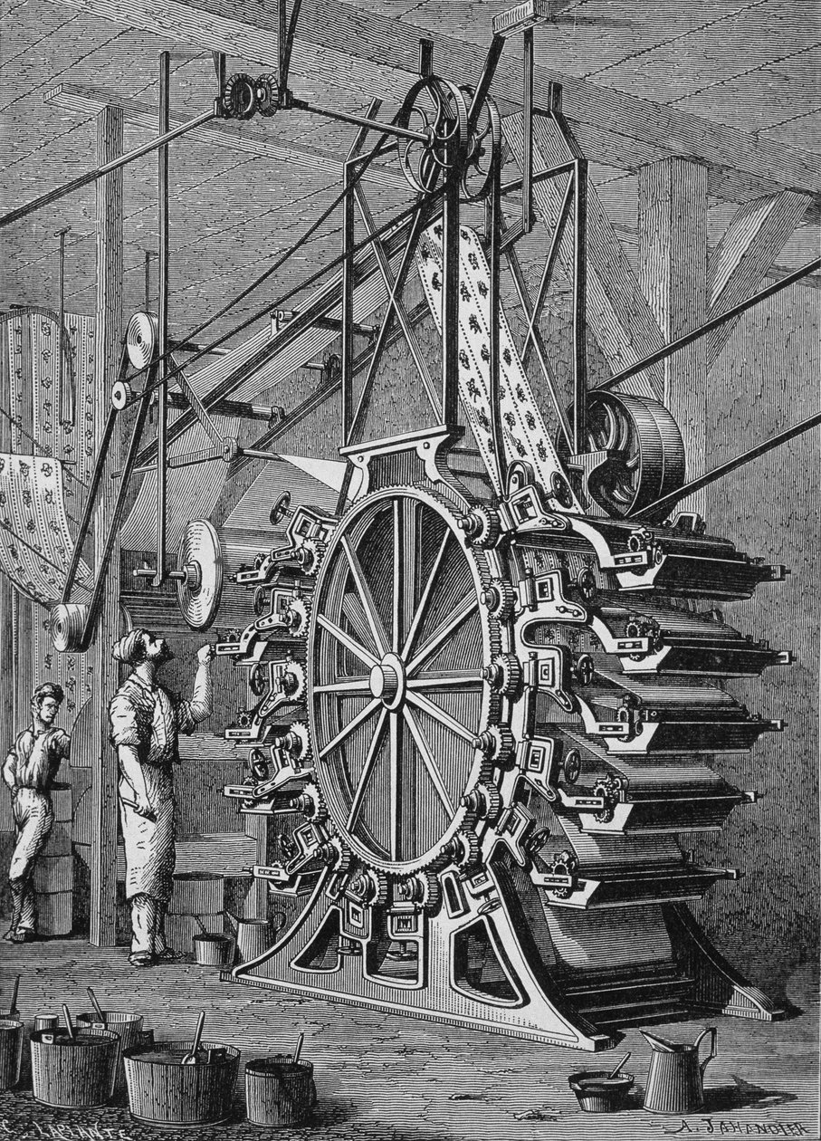 Stroj na tisk tapet v 10 barvách, gravírování 19. století. od Unknown artist