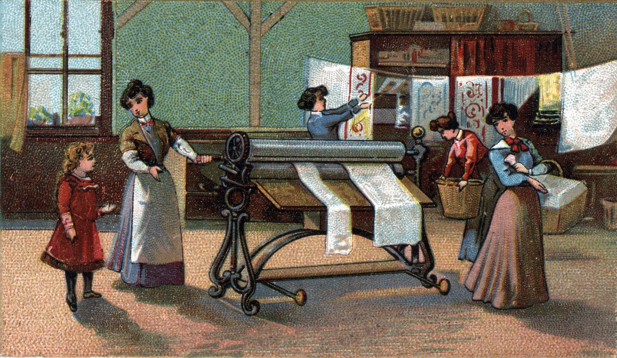 Strojový žehlič. (žehlení). Chromolitografie z konce 19. století. od Unknown artist