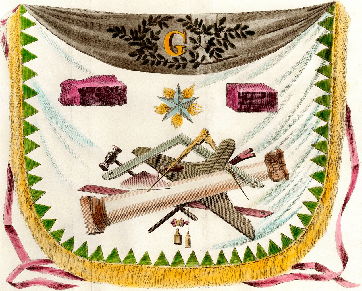 Zástěra Macon franc zobrazující zástěru zdobící symboly freesunry. Rytina z 19. století Soukromá sbírka od Unknown artist