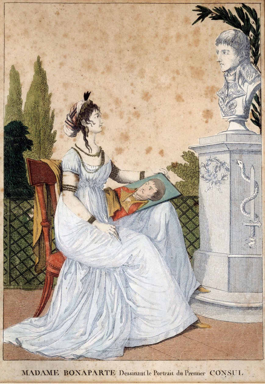 Madame Bonaparte kreslící portrét první konzulky Josephine de Beauharnais (1763-1814) před bustou jejího manžela Napoleona Bonaparta (1769-1821). Anonymní tisk. 1799-1804. Slunce 0,24x0,17 m Malmaison, musee du chateau od Unknown artist