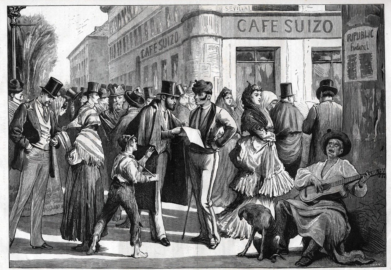 Madrid v roce 1873. Chodci na rohu Seville Street a Alcala Street. Rytina z roku 1873. od Unknown artist