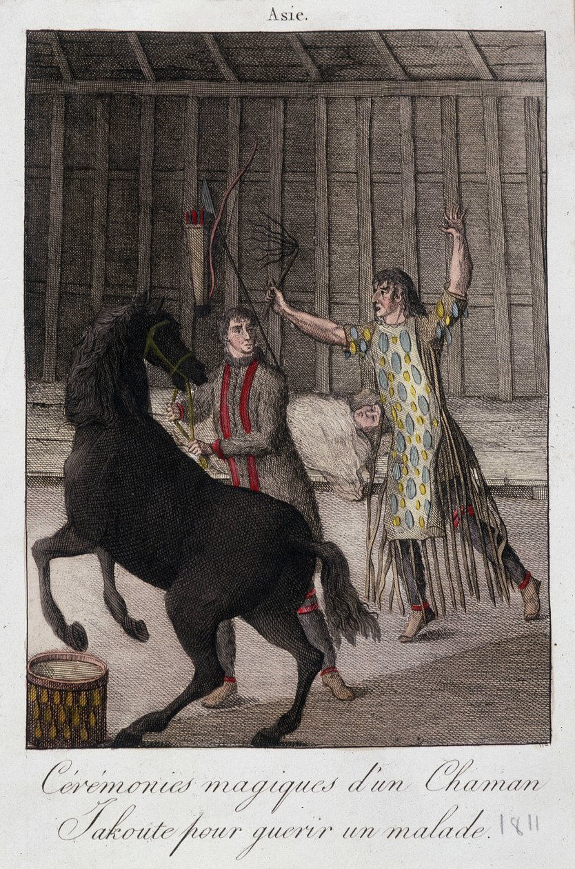 Magický obřad šamana Yakoute (Yakoute) k uzdravení nemocného (Sibiř) - rytina, deb. 19. století od Unknown artist