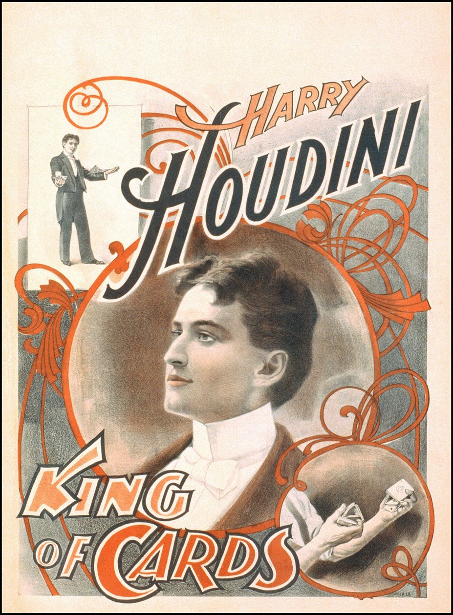 Kouzelníkův plakát „Harry Houdini, král karet““ od Unknown artist