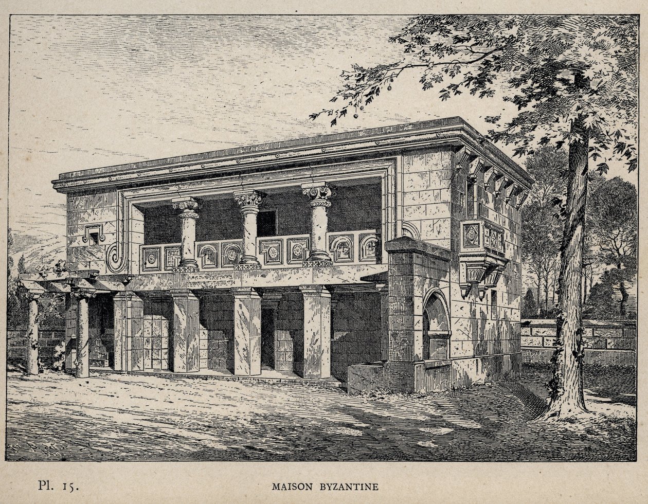 Maison Byzantine (byzantský dům) (rytina z roku 1889 v „Historie lidského obydlí na Světové výstavě v roce 1889, pan Charles GARNIER - Librairie centrale des beaux-arts Paris 1889 od Unknown artist