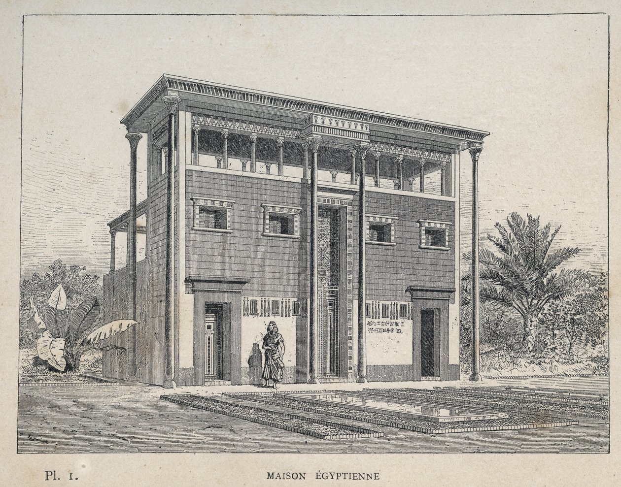Egyptský dům (Egyptský dům) - rytina z roku 1889 v „Historie lidského obydlí na Světové výstavě v roce 1889, pan Charles GARNIER - Librairie centrale des beaux-arts Paris 1889 od Unknown artist
