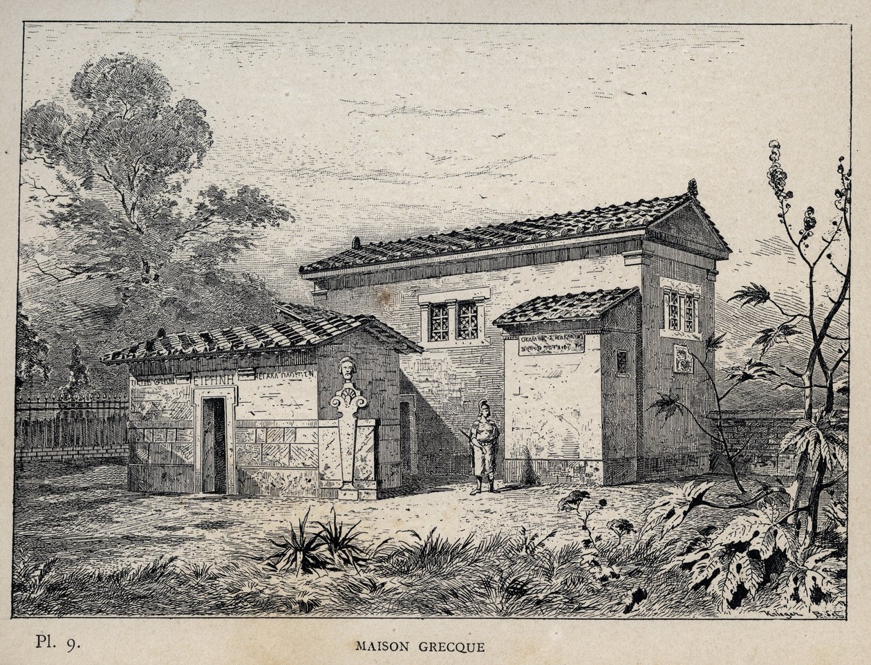 Maison Grecque (řecký dům) - rytina z roku 1889 v „Historie lidského obydlí na Světové výstavě v roce 1889, pan Charles GARNIER - Librairie centrale des beaux-arts Paris 1889 od Unknown artist
