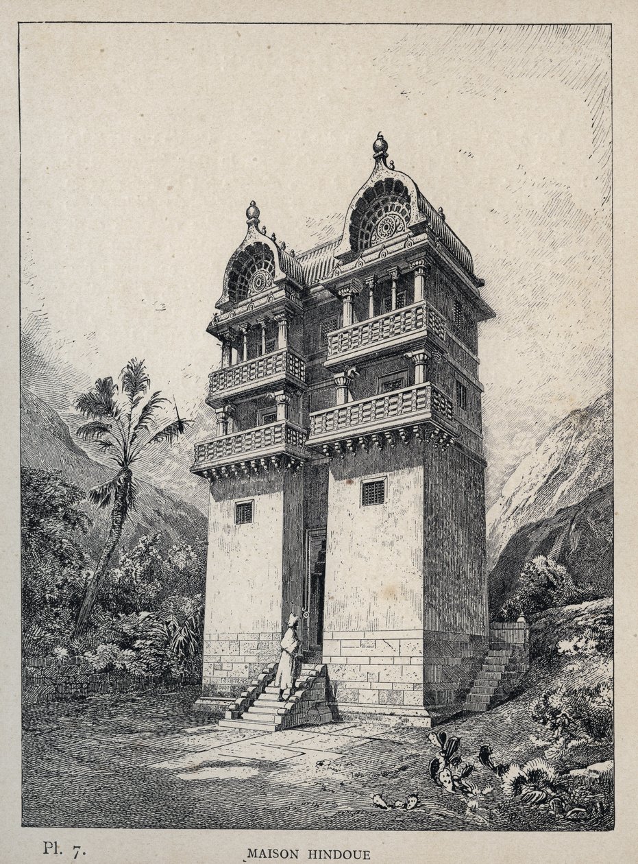 Maison Hindu (Hinduistický dům) - rytina z roku 1889 v „Historie lidského obydlí na Světové výstavě v roce 1889, pan Charles GARNIER - Librairie centrale des beaux-arts Paris 1889 od Unknown artist