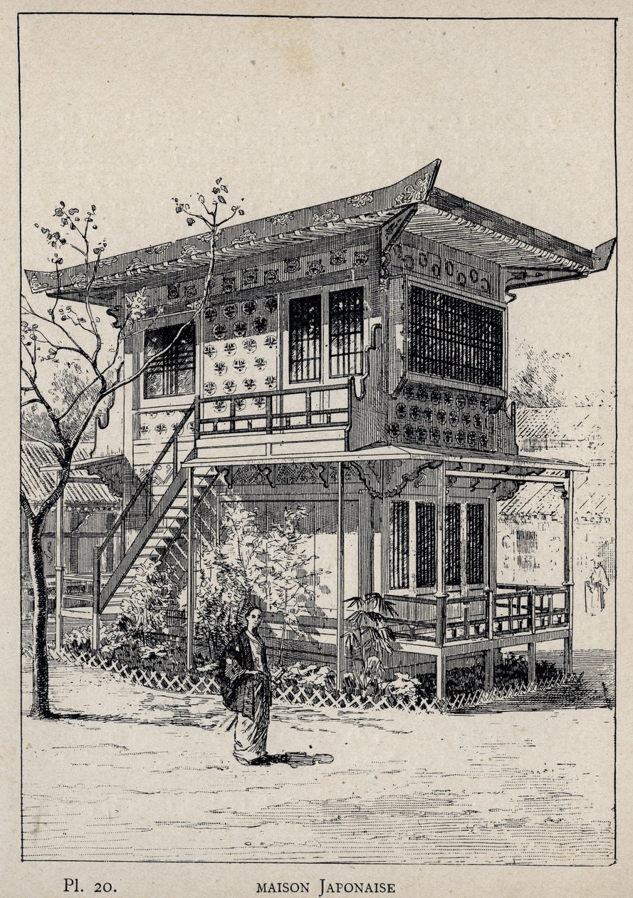 Japonský dům (japonský dům) - rytina z roku 1889 v „Historie lidského obydlí na Světové výstavě v roce 1889, pan Charles GARNIER - Librairie centrale des beaux-arts Paris 1889 od Unknown artist