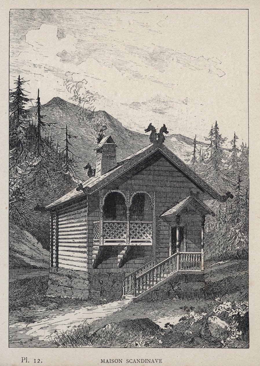 Maison Scandinavian (Skandinávský dům) - rytina z roku 1889 v „Historie lidského obydlí na Světové výstavě v roce 1889, pan Charles GARNIER - Librairie centrale des beaux-arts Paris 1889 od Unknown artist