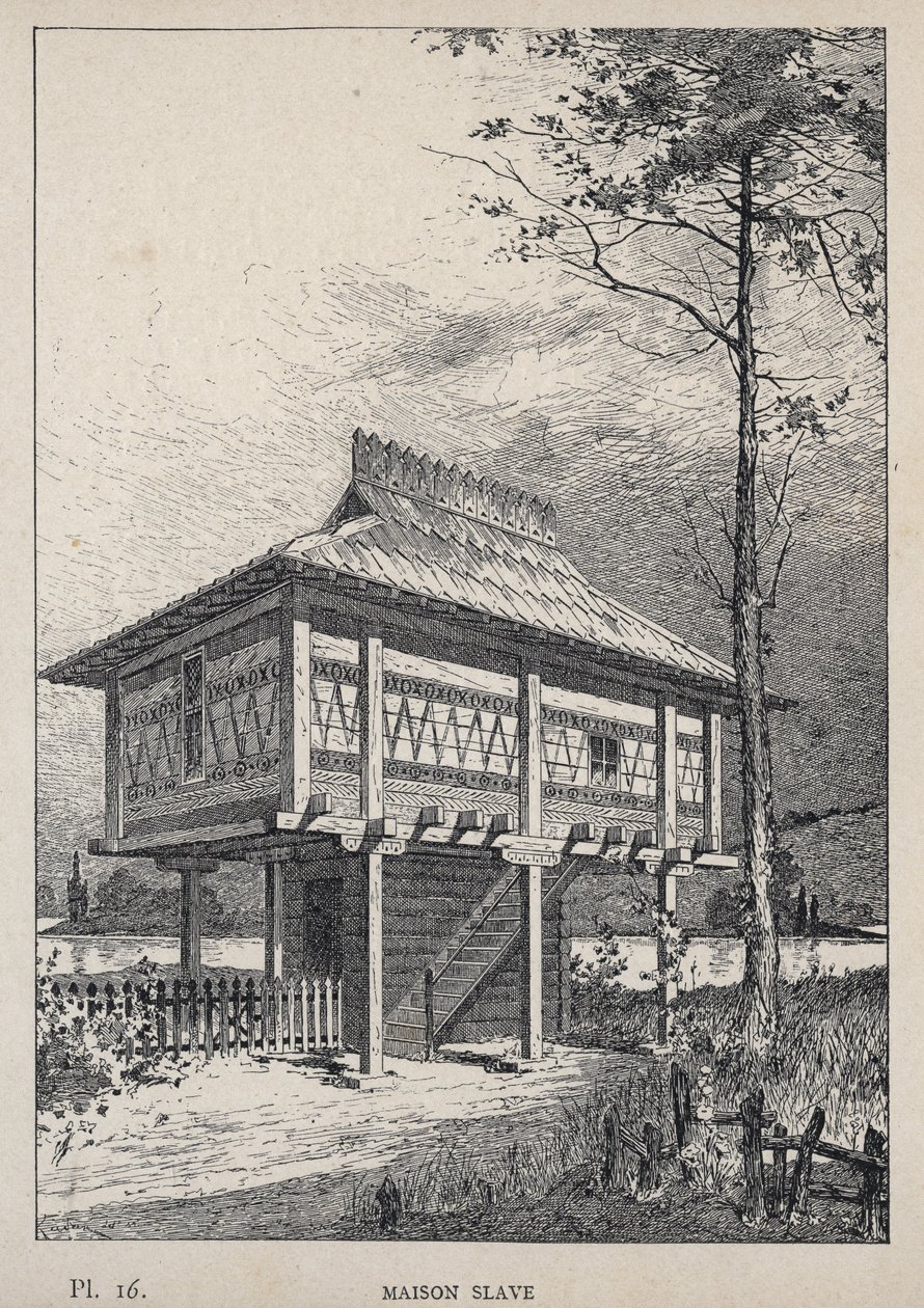 Maison Slave - rytina z roku 1889 v „Historie lidského bydlení na Světové výstavě v roce 1889, pan Charles GARNIER - Librairie centrale des beaux-arts Paris 1889 od Unknown artist