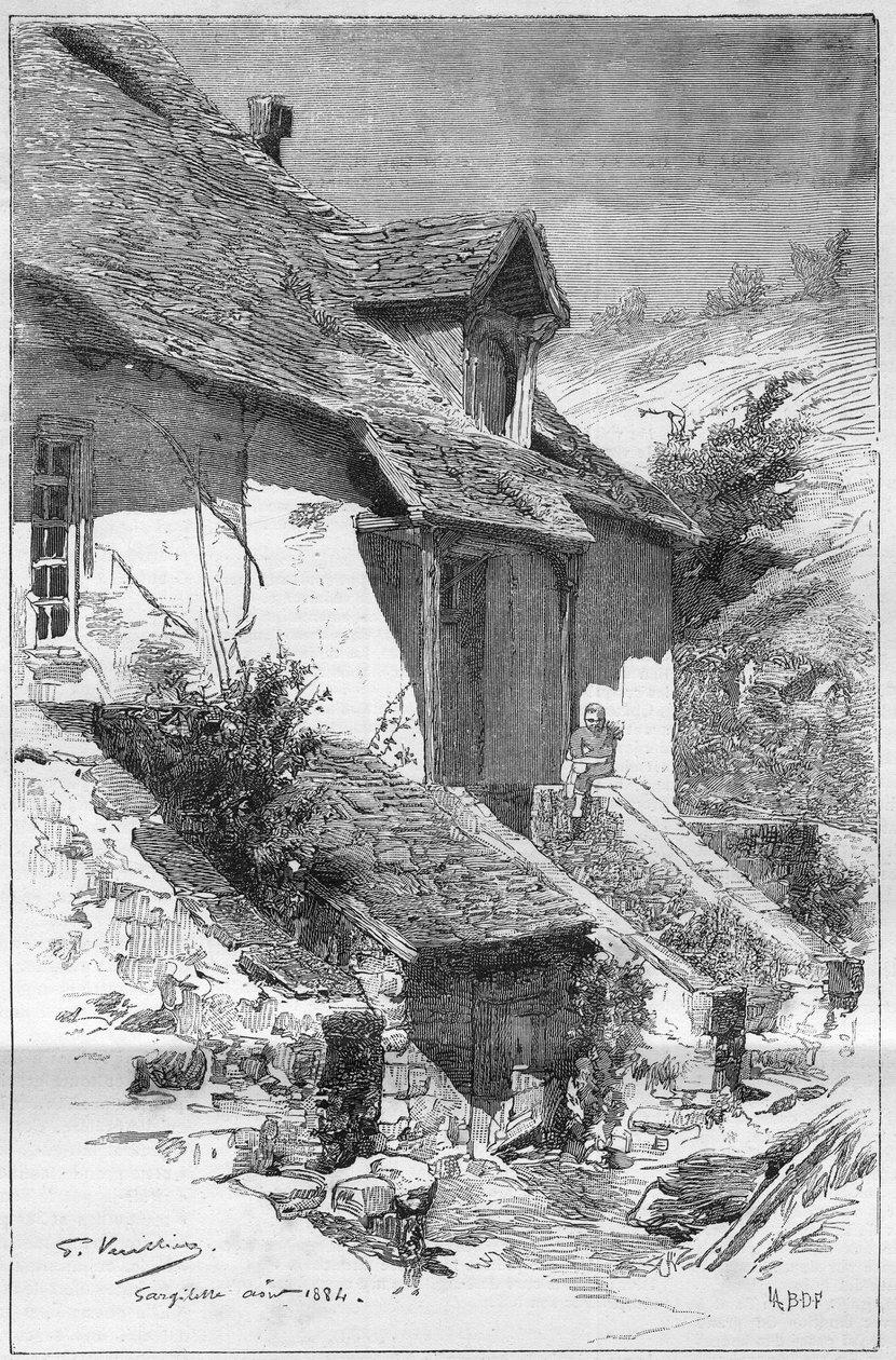 House of George Sand (Aurore Dupin, Baronne Dudevant) (1804-1876), francouzský spisovatel, v Gargilesse (Indre) na břehu Creuse ve Francii. Rytina v ""The Illustrious World"" od Unknown artist