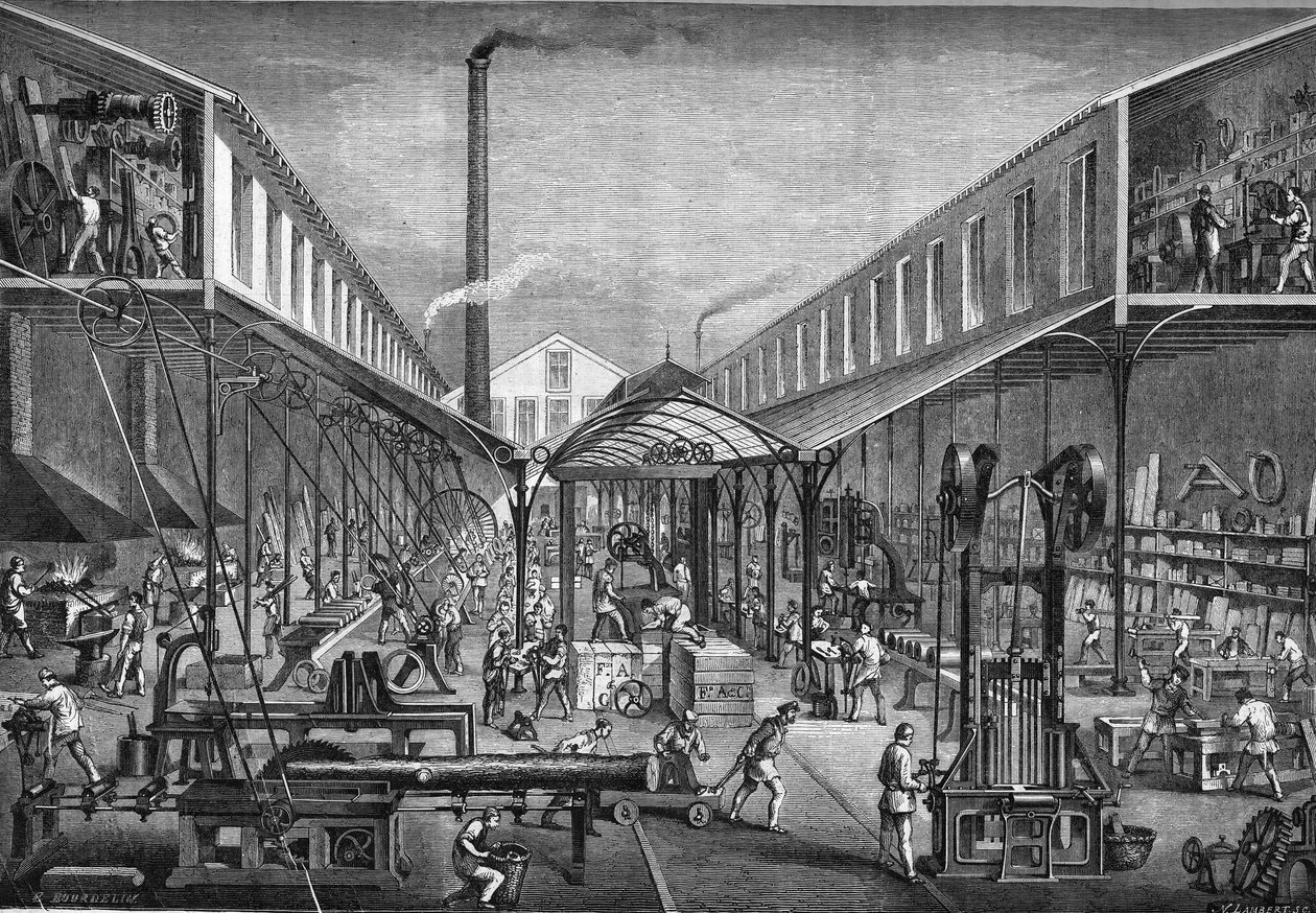 Hlavní průmyslová odvětví v 19. století: stavební dílny pro pily a obráběcí stroje, od M. Arbey po Paříž v roce 1865. od Unknown artist