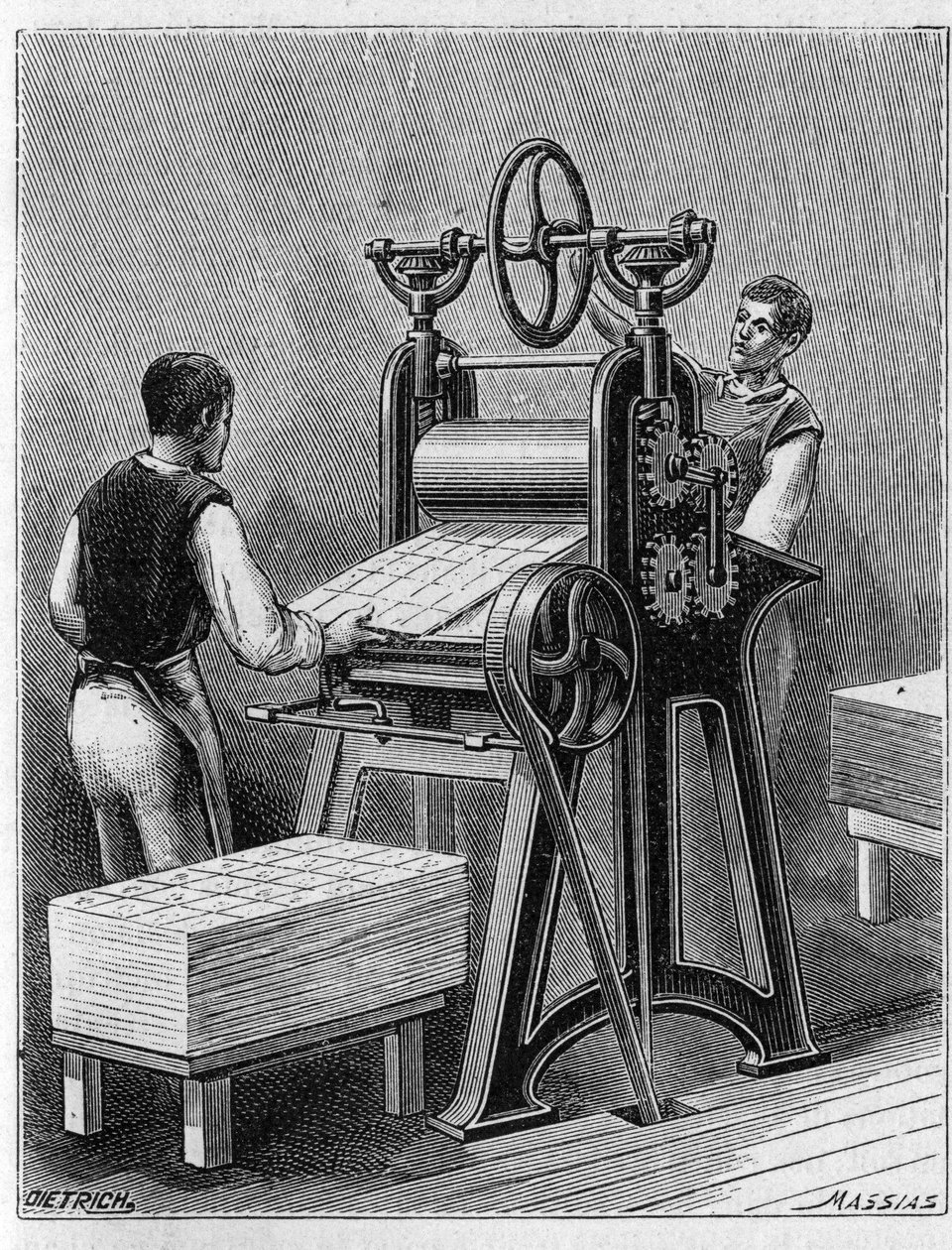 Vytváření karet pro hraní starými metodami. Válec hracích karet. Rytina z roku 1893. od Unknown artist