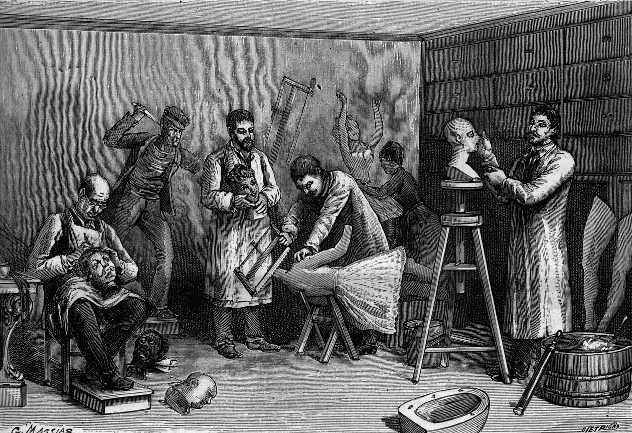 Výroba voskových postaviček v Musée Grevin v Paříži. Rytina v "" Příroda: přehled věd a jejich aplikací v umění a průmyslu "" z 21. dubna 1894. od Unknown artist