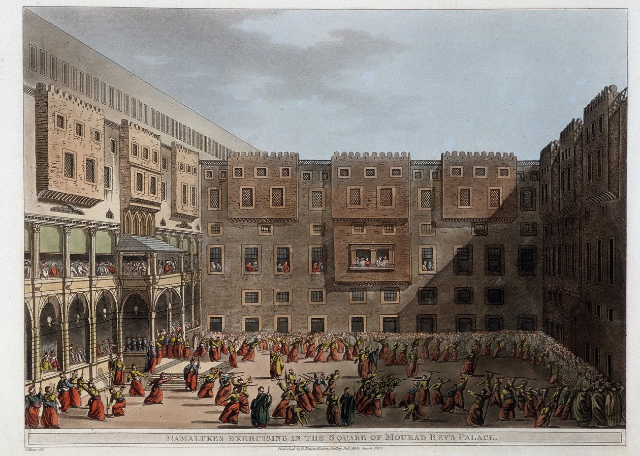 Mamlukové cvičící na nádvoří paláce Mourad Bey - v „Výhledy do Egypta, Palestiny a dalších částí Osmanské říše““ od Unknown artist