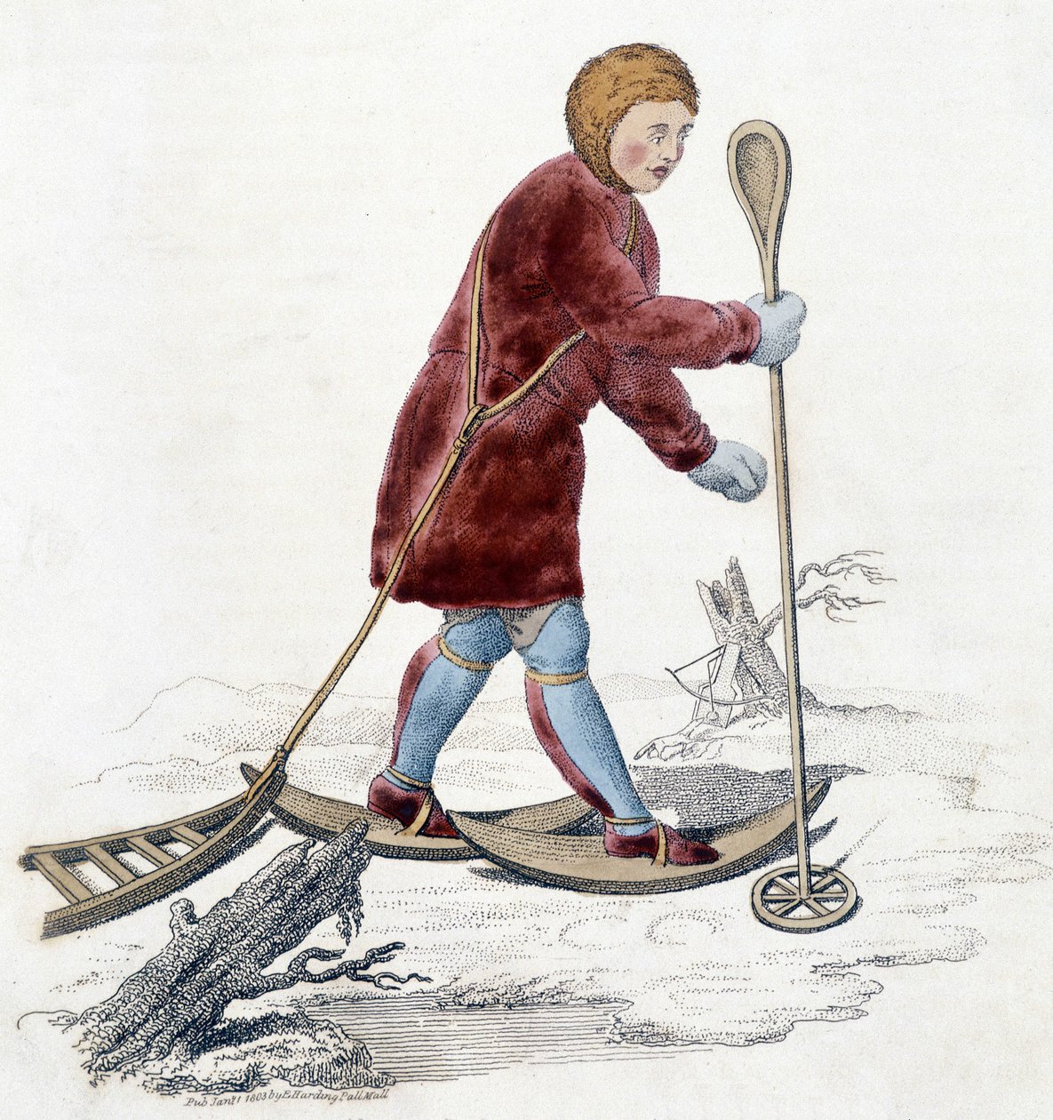 Muž z kmene Ostiak (Khanty nebo Khante) (kmen paleosibiřských lovců usazený v lesní oblasti středního údolí Ob) lovící hranostaje. Ilustrace z roku 1803. od Unknown artist