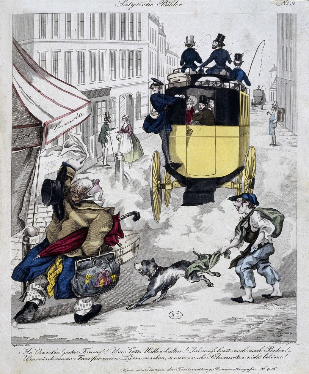 Man press postrádá Omnibus. Kreslený film vyrobený kolem roku 1840 od Unknown artist