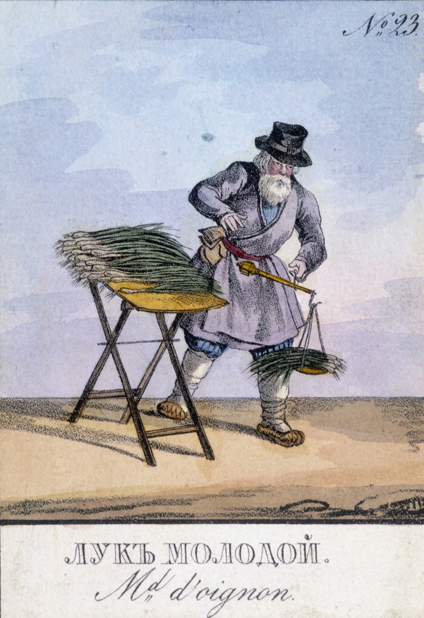 Muž vážící cibuli v měřítku visící na jeho opasku. Ilustrace 19. století. Rytina 19. století od Unknown artist