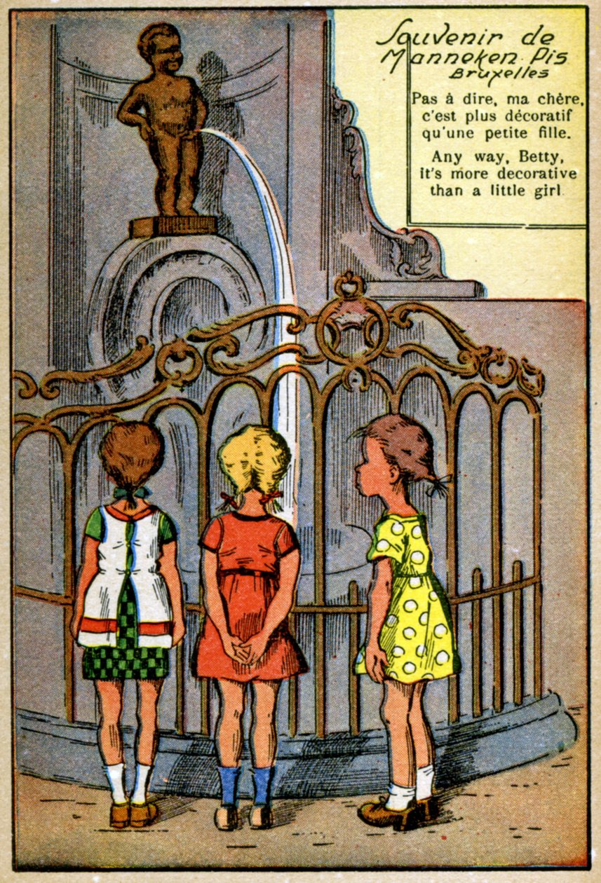 Manneken Pis v Bruselu, asi 1950 (tisk) od Unknown Artist
