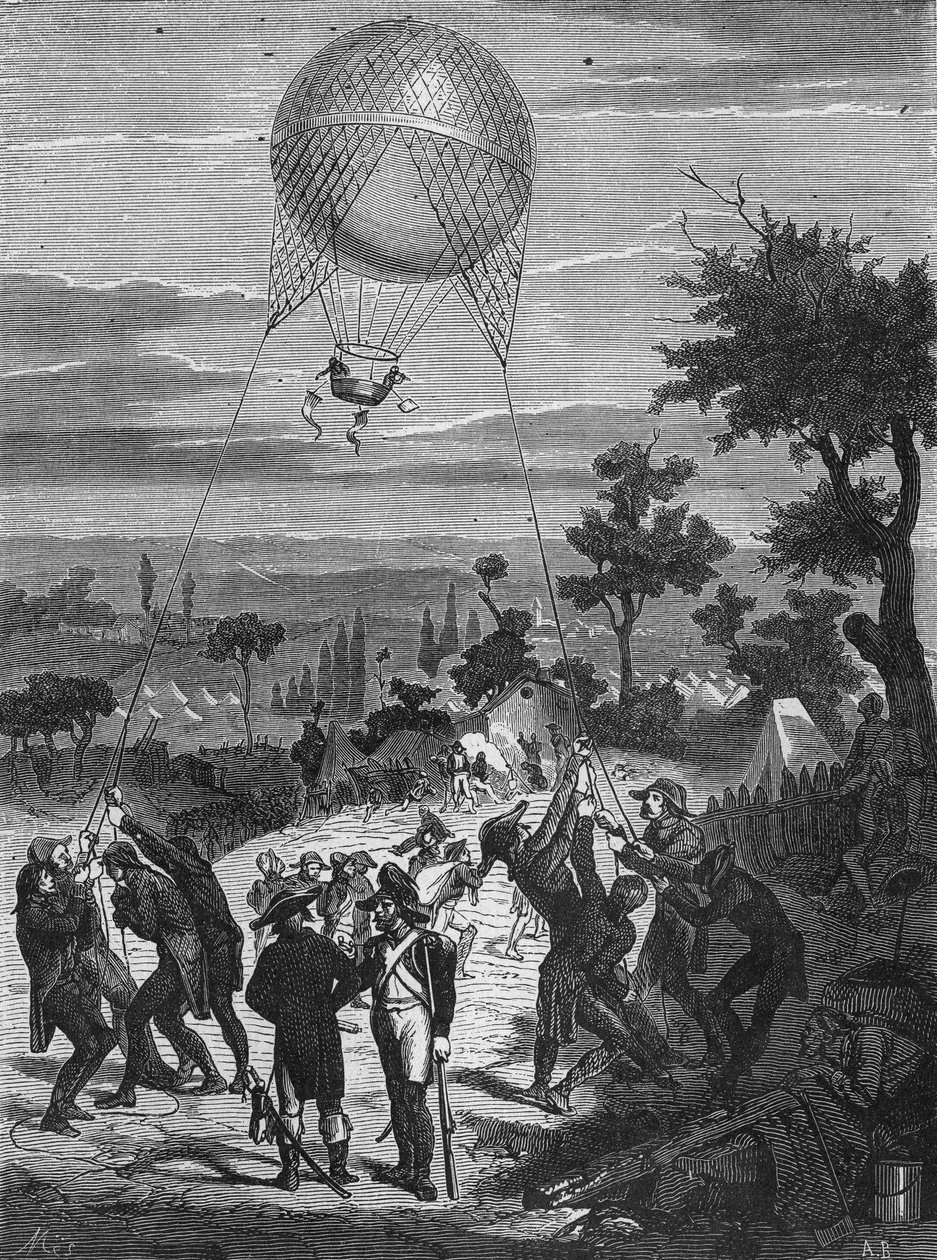 Manévr zajatého aerostatu používaného v armádě republiky. V „Album de la science“, Éditions Jouvet od Unknown artist