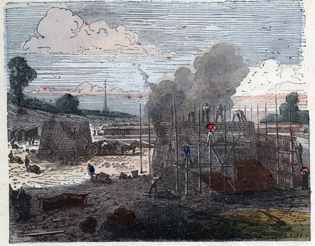 Výroba cihel v 19. století: vaření. Cihly se pokládají ve vrstvách a před zapálením se zasypou zeminou. Rytina konce 19. století. od Unknown artist