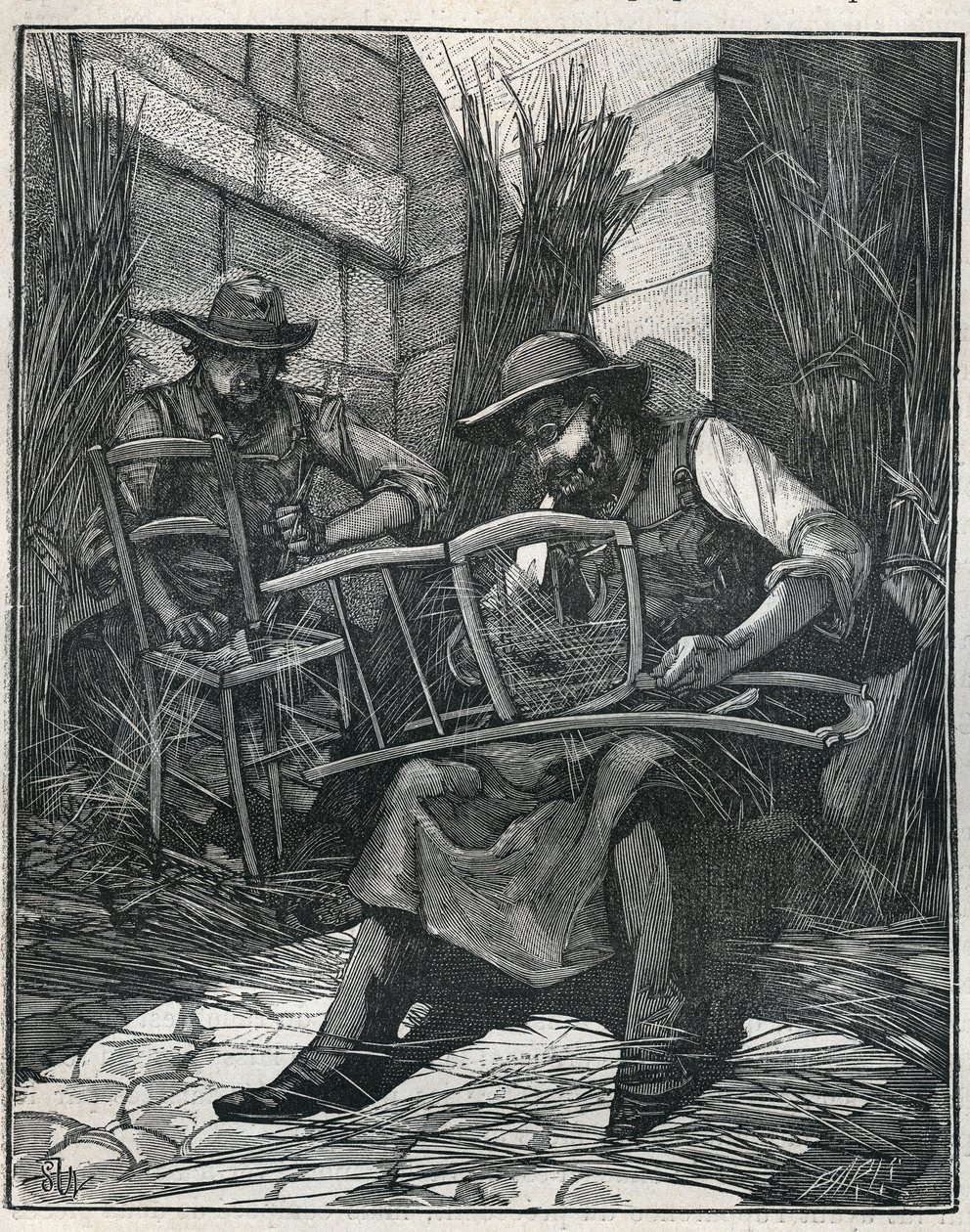Výroba židlí: mulčování a výplet židlí. Rytina z roku 1885 v „“Les arts et metiers illustres““ od Adolphe BITARDA. od Unknown artist