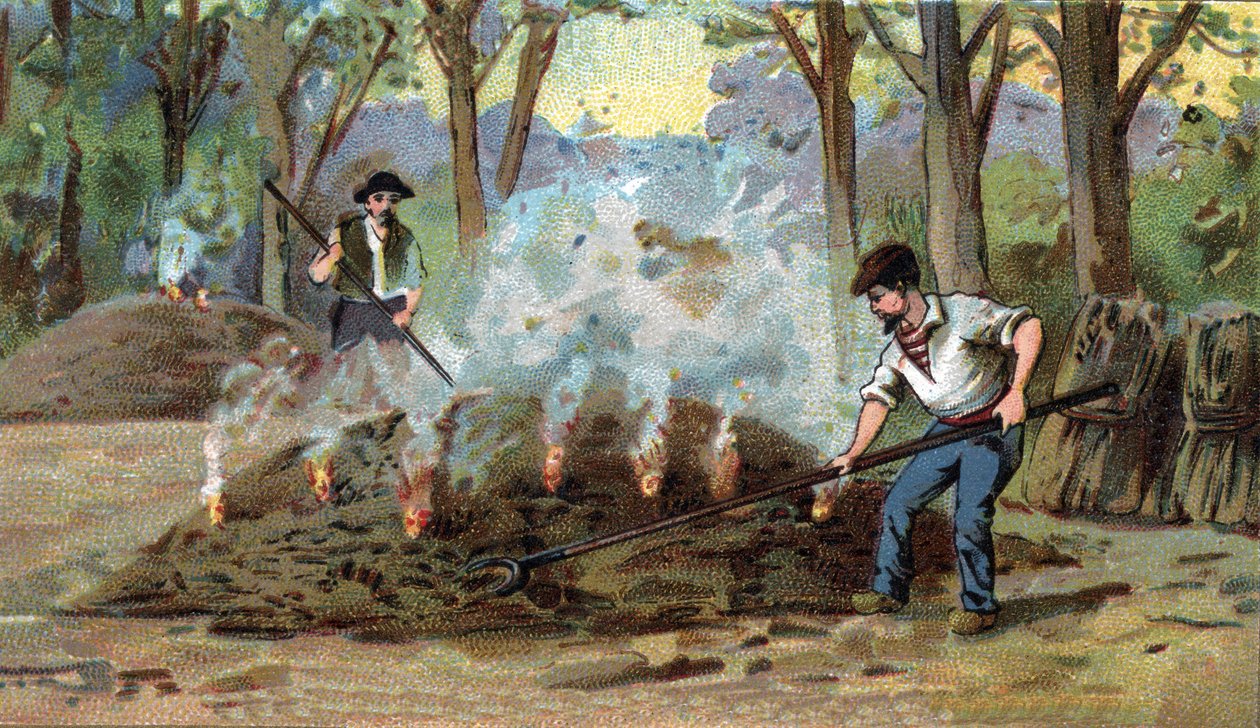 Výroba dřevěného uhlí, spalovací pec. Chromolitografie konce 19. století od Unknown artist