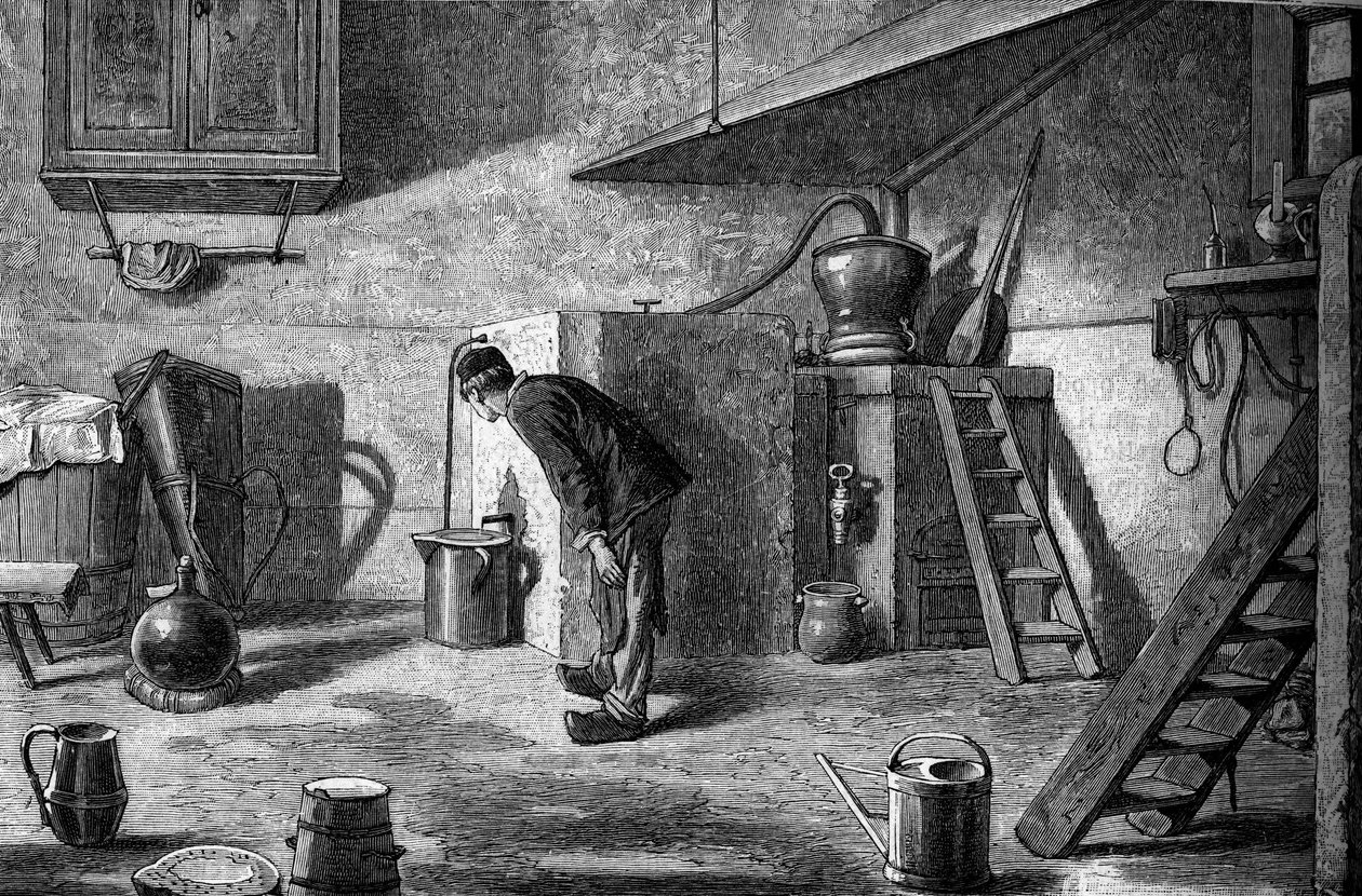 Výroba kirsche: destilace, zámek Isenberg v Alsasku. Rytina do „“Le Journal de la jeunesse““ od Unknown artist