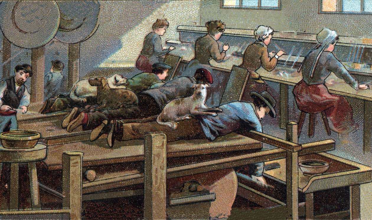 Výroba nožů, lisovna. Chromolitografie konce 19. století od Unknown artist