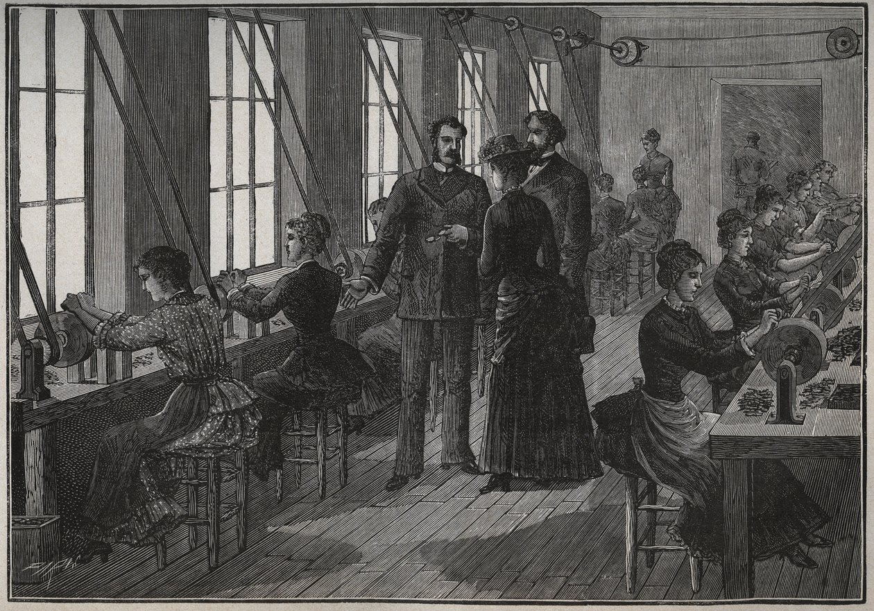 Výroba kovových peří: brusírna ve Francii v 19. století. Rytina z roku 1885 v „“Les arts et metiers illustres““ od Adolphe BITARDA. od Unknown artist
