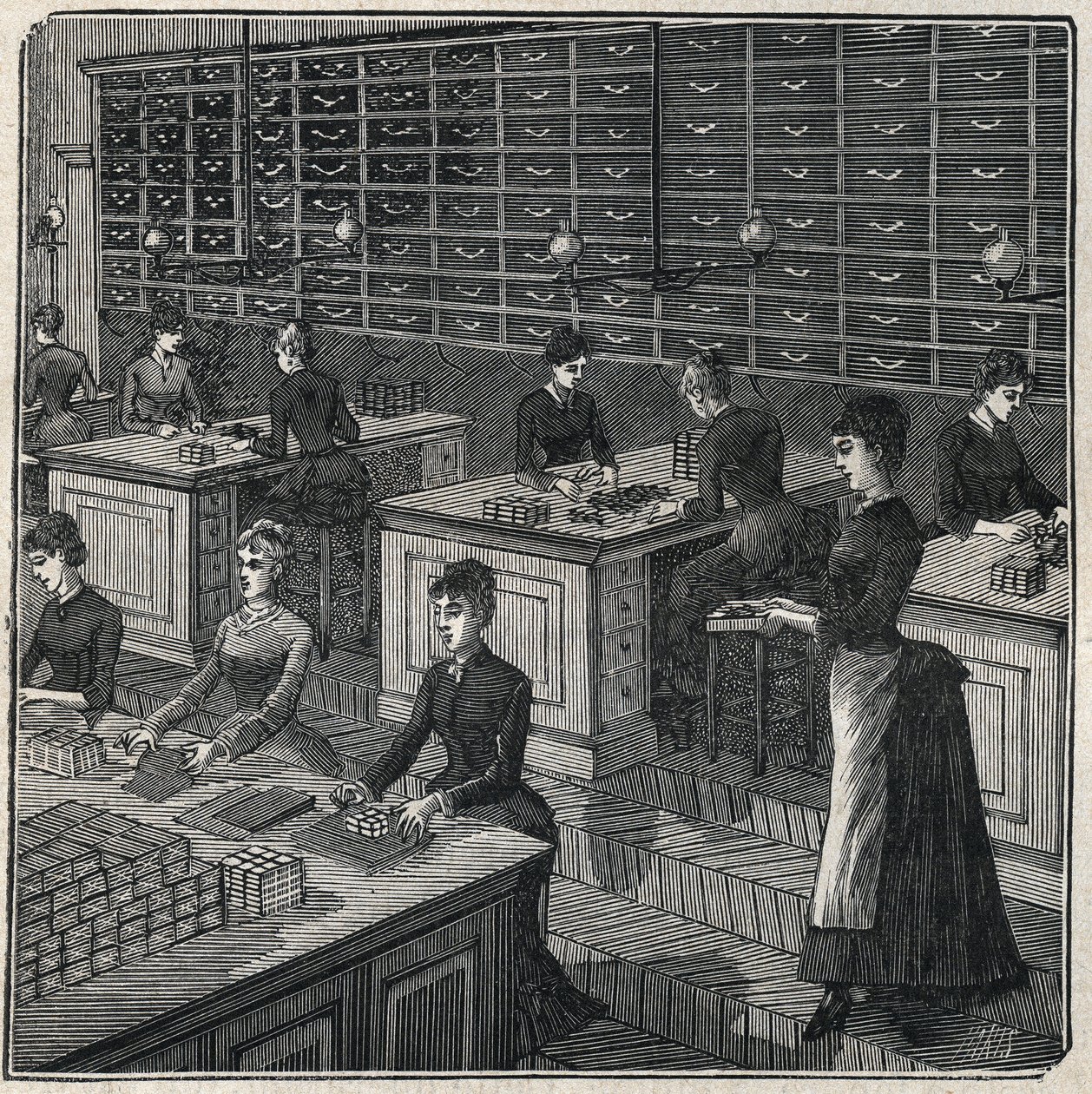 Výroba kovových peří: třídění a balení peří v továrně ve Francii v 19. století. Rytina z roku 1885 v „“Les arts et metiers illustres““ od Adolphe BITARDA. od Unknown artist