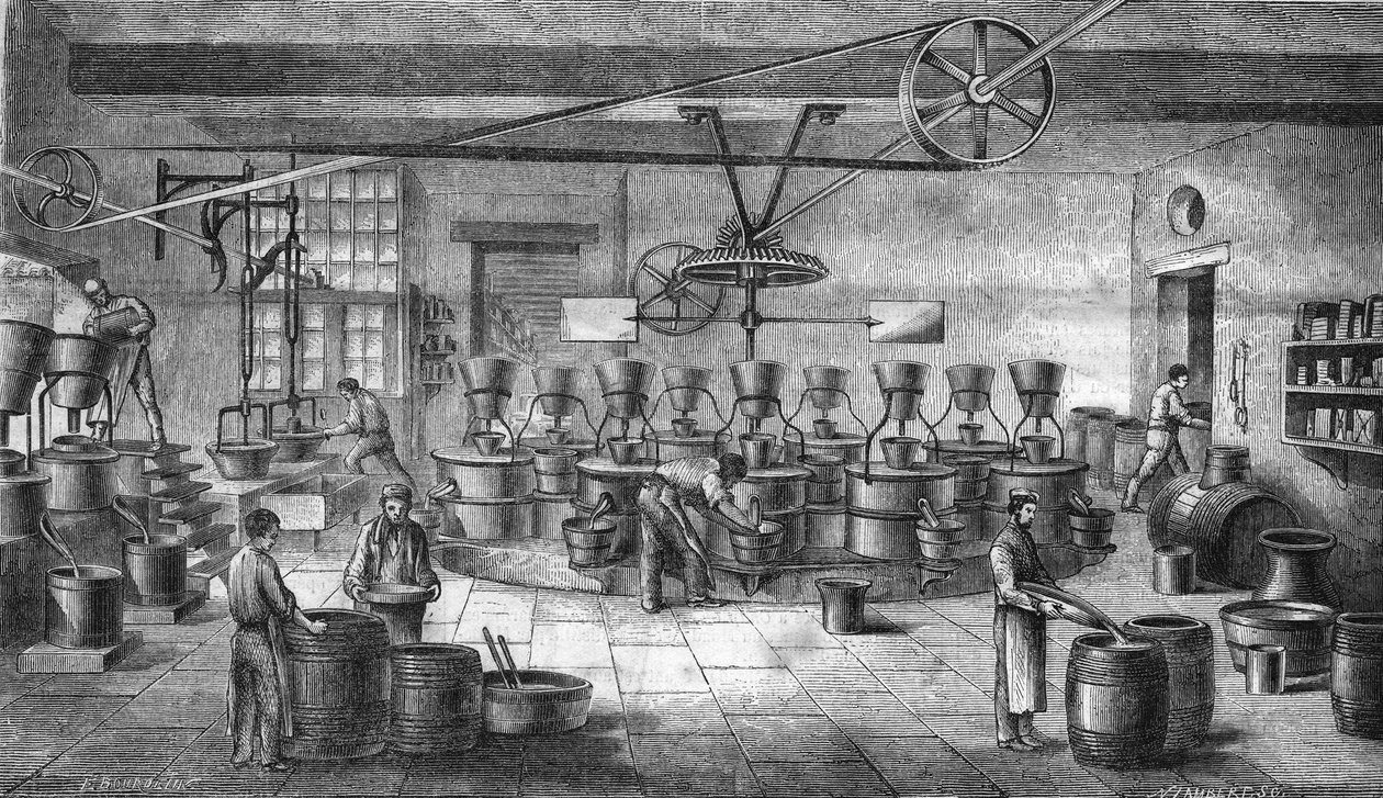 Výroba hořčice a konzerv v Louit freres v Bordeaux. Rytina z roku 1865. od Unknown artist
